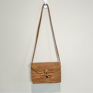 Rattan Woven Straw Purse Rectangle with Tan Leather Strap Crossbody Shoulder Bag